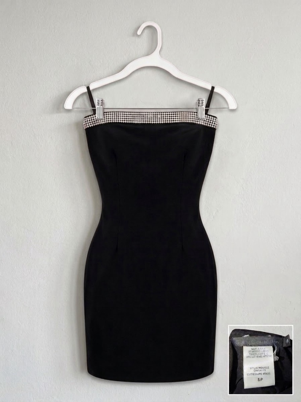 Y2k Classic Black Strap Mini Dress with Rhinestone Trim
